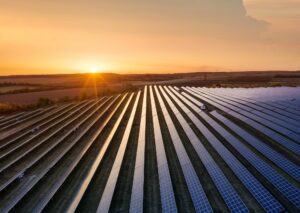 Aerial view on the solar panel. Technologies of renewable energy sources. View from air.